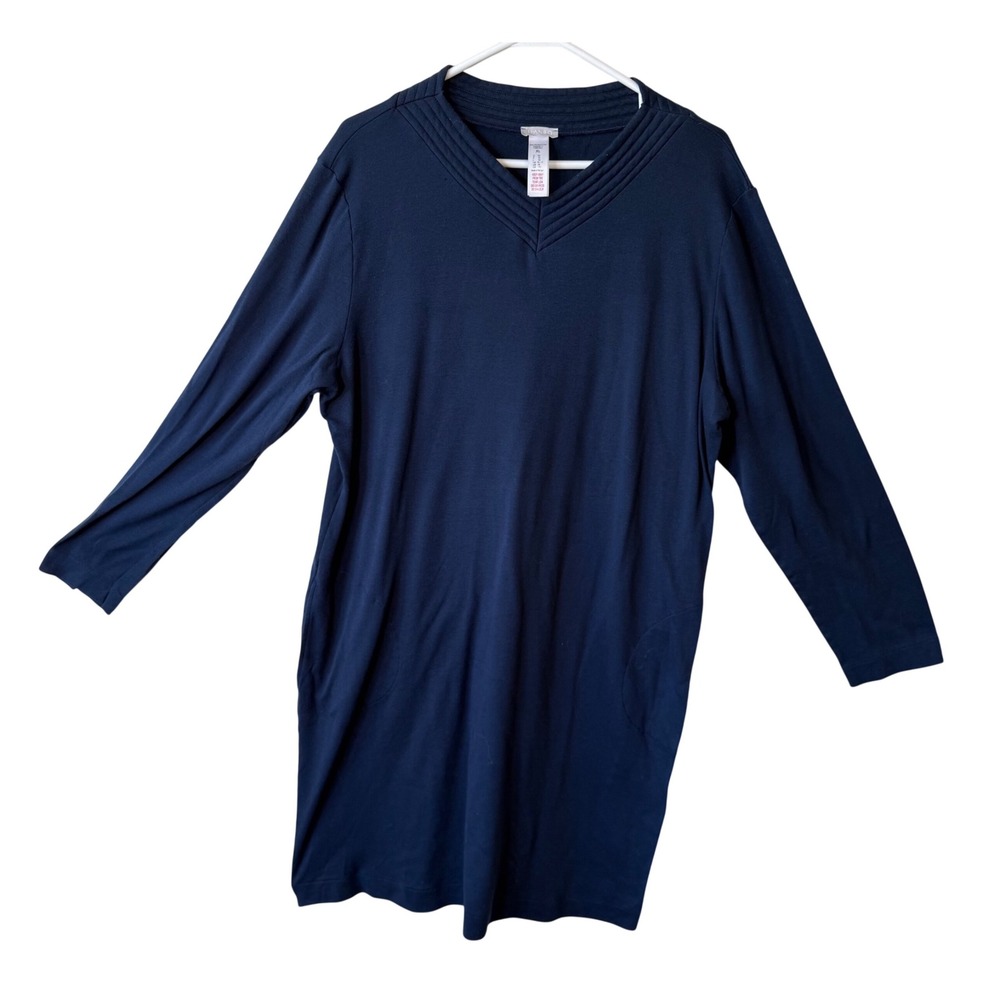 Hanro Navy Blue Cotton V-Neck Long Sleeve Nightdress Sleepwear Pockets XL